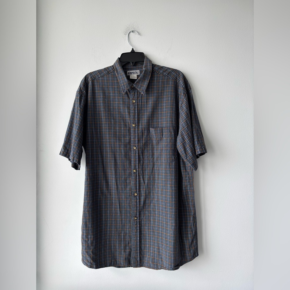 90s Aeropostale Button Down Shirt Blue Plaid Cotton Mens L Preppy Skater Grunge